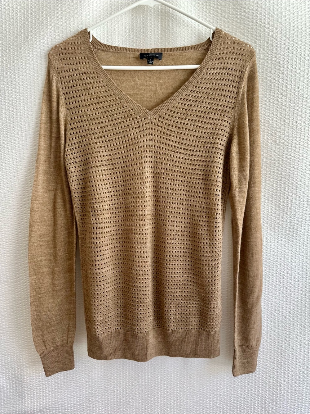 The Limited Merino Wool V Neck Sweater Camel Tan Knit Lightweight Size Small